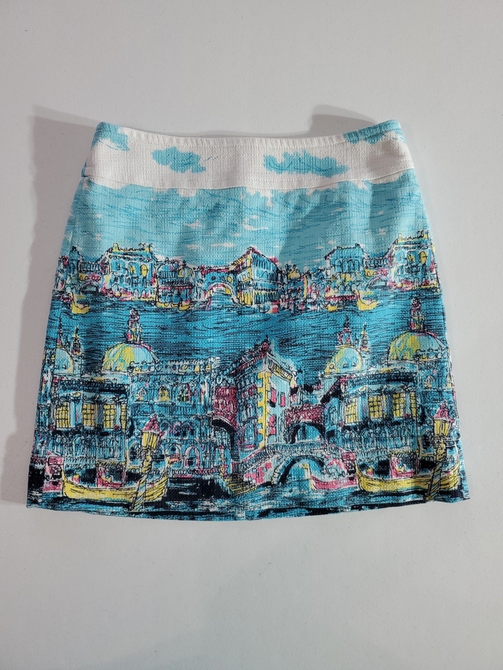 Talbots Sz 4p Turquoise Italian Cityscape Scenic Print Mini Skirt